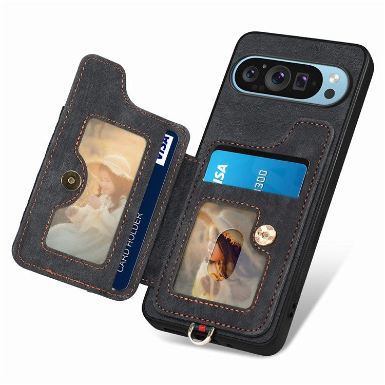 For Google Pixel 9 / Pixel 9 Pro Case RFID Blocking Handbag Leather+TPU Phone Cover Card Slots, Ring Holder - Black