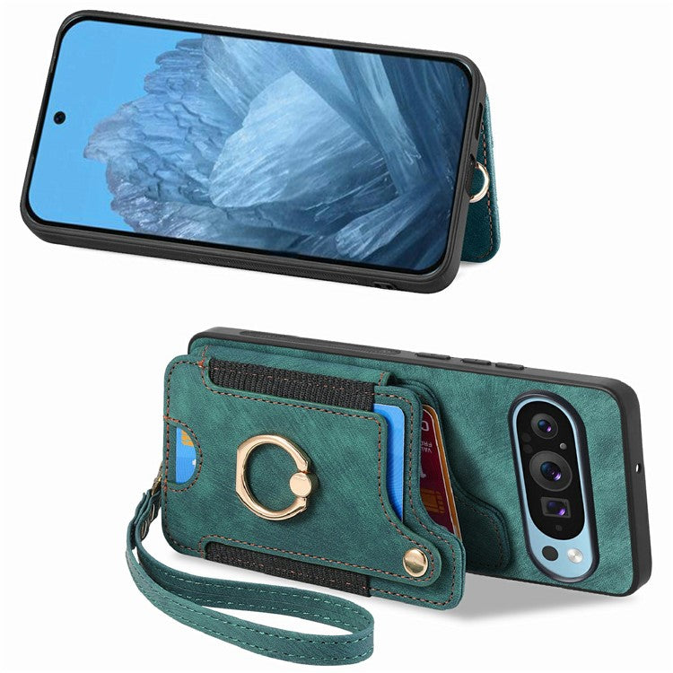 For Google Pixel 9 / Pixel 9 Pro Case RFID Blocking Handbag Leather+TPU Phone Cover Card Slots, Ring Holder - Green