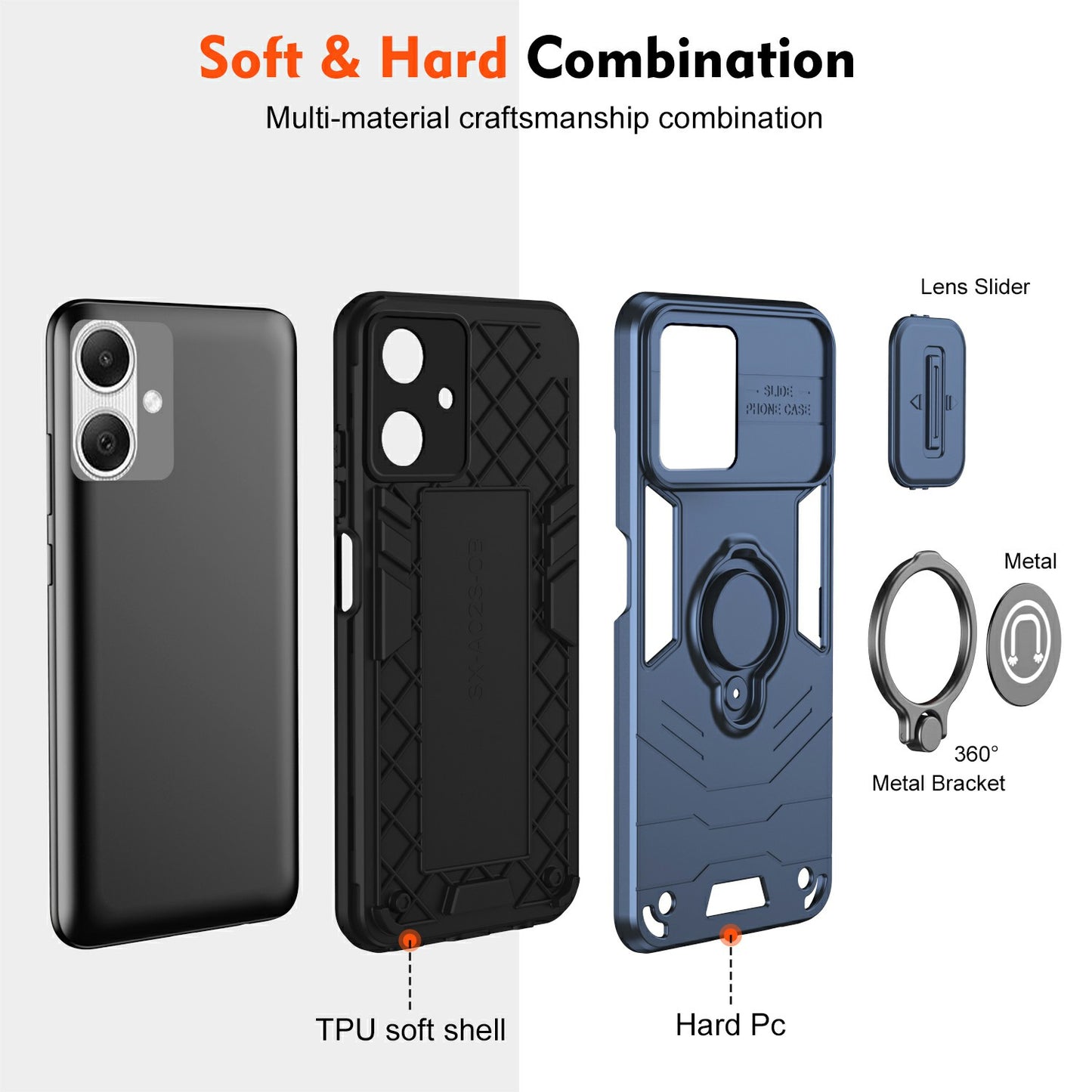 For Samsung Galaxy A06 Case Slide Camshield Kickstand PC+TPU Phone Cover - Blue