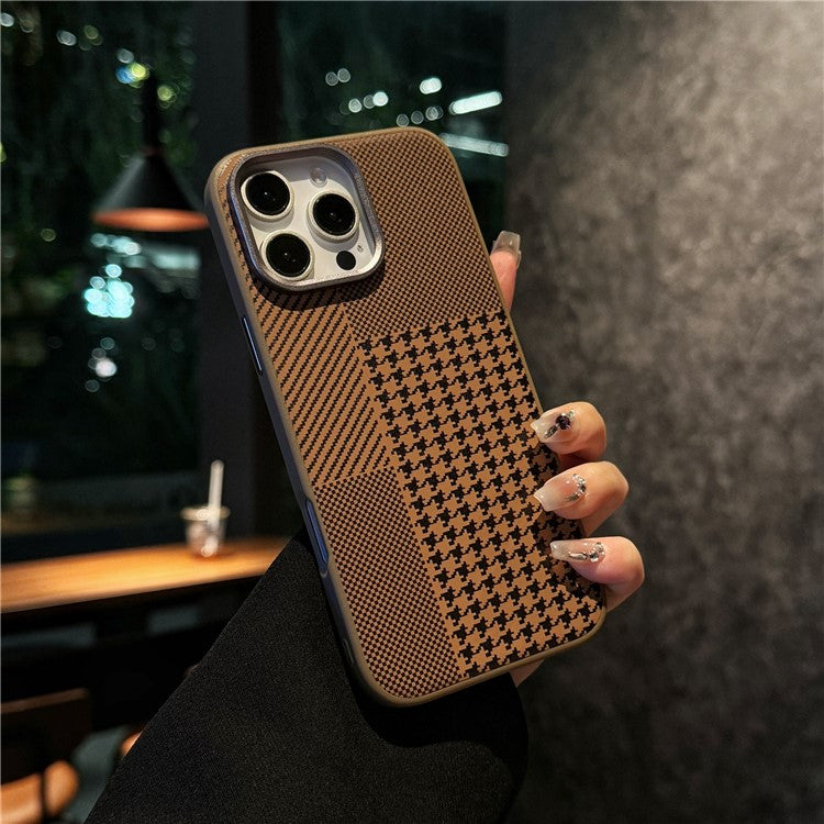 For iPhone 16 Pro Case Carbon Fiber Texture Leather+TPU+PC Skin-touch Phone Cover - Brown / Checkered