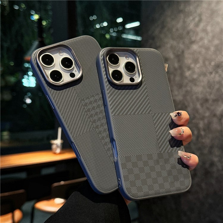 For iPhone 16 Pro Case Carbon Fiber Texture Leather+TPU+PC Skin-touch Phone Cover - Brown / Checkered