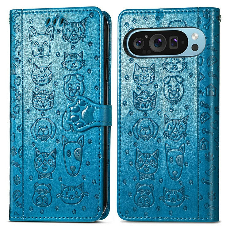 For Google Pixel 9 Pro XL Case Leather Wallet Flip Phone Cover Cute Cat Dog Pattern - Blue
