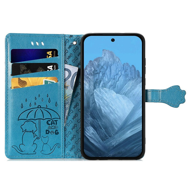 For Google Pixel 9 Pro XL Case Leather Wallet Flip Phone Cover Cute Cat Dog Pattern - Blue