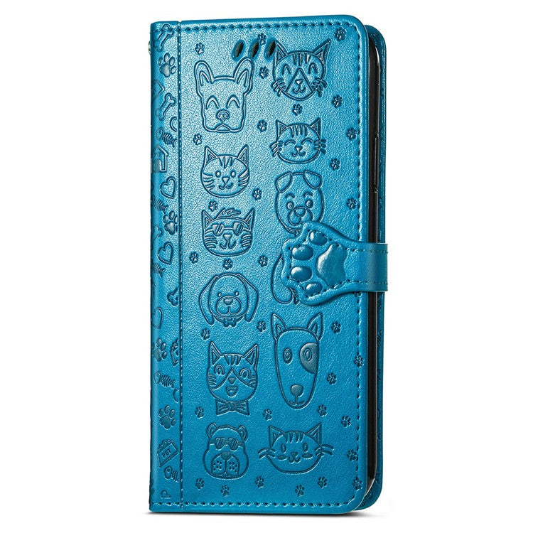 For Google Pixel 9 Pro XL Case Leather Wallet Flip Phone Cover Cute Cat Dog Pattern - Blue