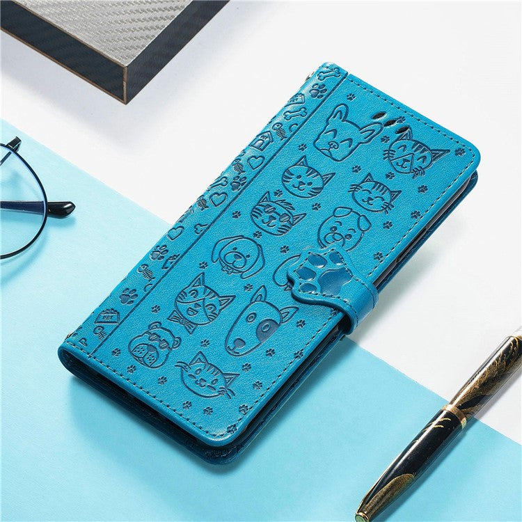 For Google Pixel 9 Pro XL Case Leather Wallet Flip Phone Cover Cute Cat Dog Pattern - Blue