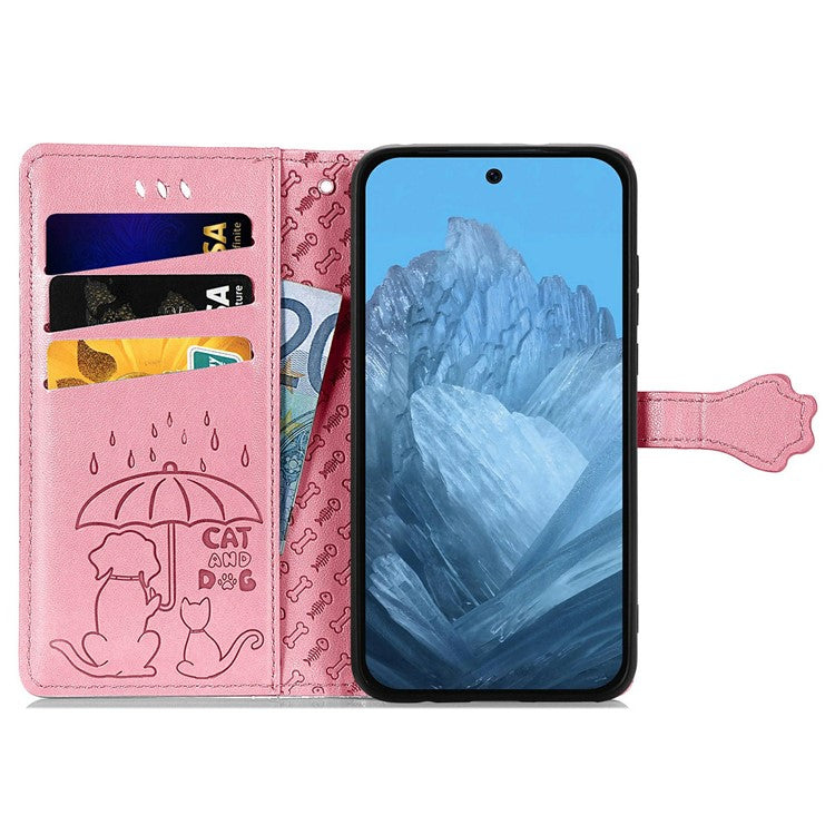 For Google Pixel 9 Pro XL Case Leather Wallet Flip Phone Cover Cute Cat Dog Pattern - Pink