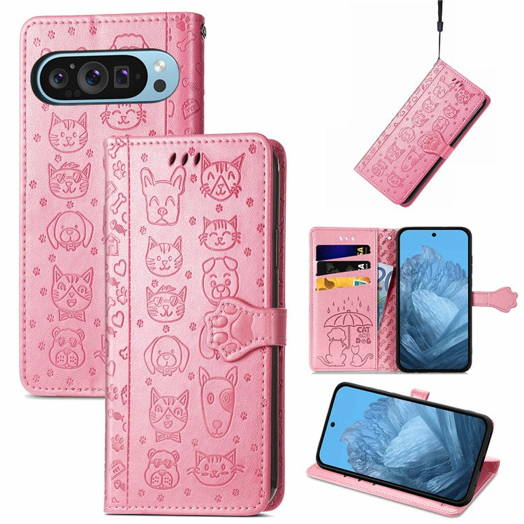 For Google Pixel 9 Pro XL Case Leather Wallet Flip Phone Cover Cute Cat Dog Pattern - Pink