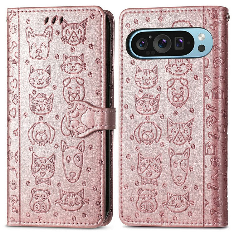 For Google Pixel 9 Pro XL Case Leather Wallet Flip Phone Cover Cute Cat Dog Pattern - Rose Gold