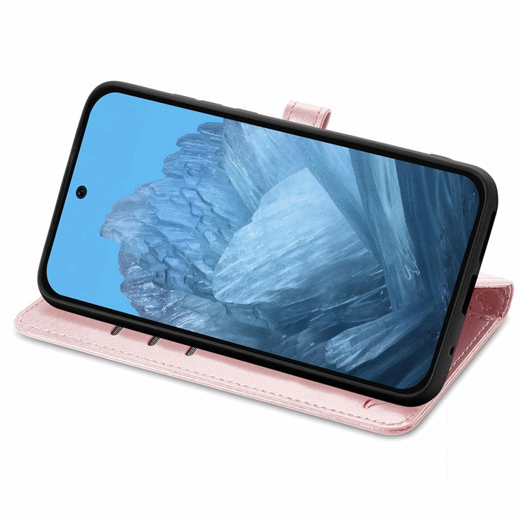 For Google Pixel 9 Pro XL Case Leather Wallet Flip Phone Cover Cute Cat Dog Pattern - Rose Gold