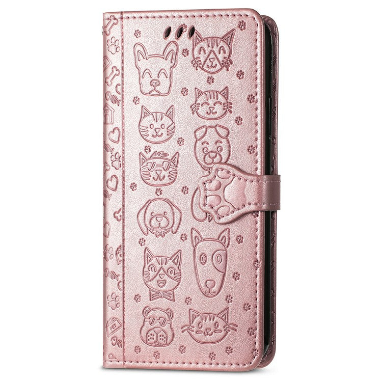 For Google Pixel 9 Pro XL Case Leather Wallet Flip Phone Cover Cute Cat Dog Pattern - Rose Gold