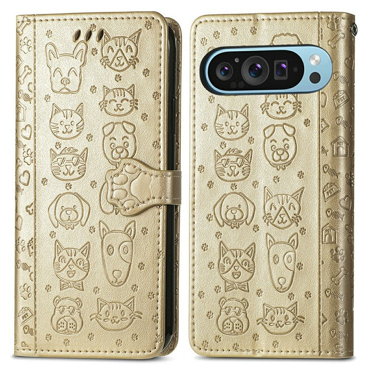 For Google Pixel 9 Pro XL Case Leather Wallet Flip Phone Cover Cute Cat Dog Pattern - Gold