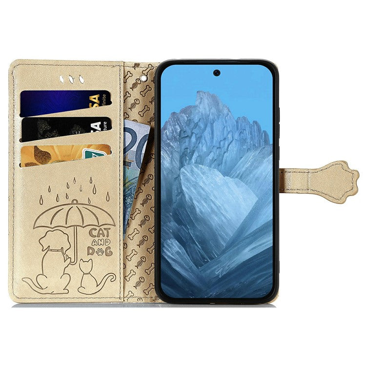 For Google Pixel 9 Pro XL Case Leather Wallet Flip Phone Cover Cute Cat Dog Pattern - Gold