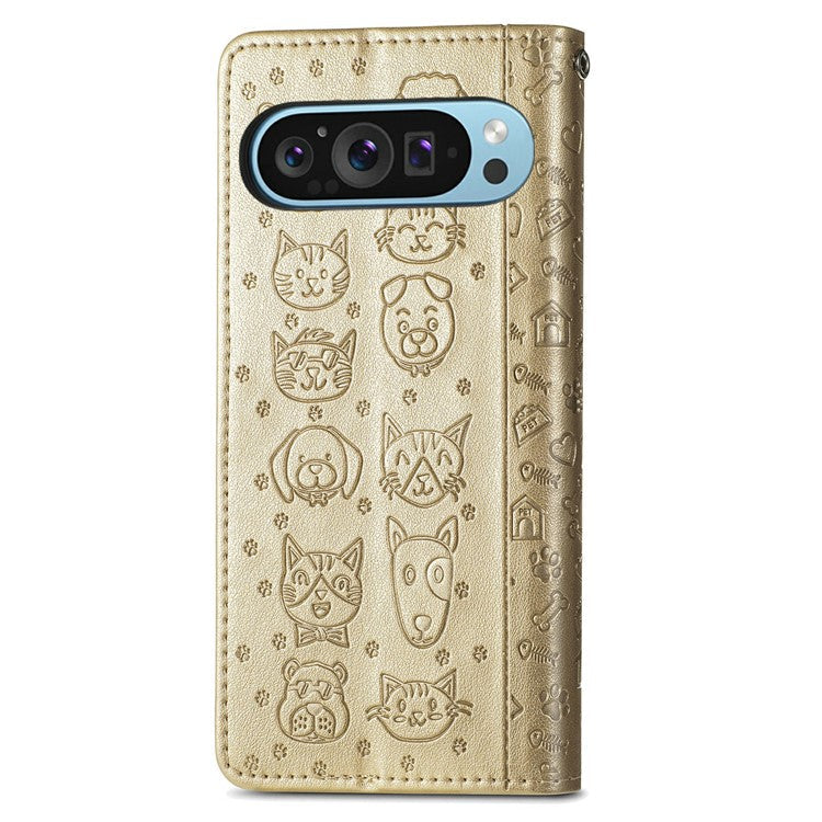 For Google Pixel 9 Pro XL Case Leather Wallet Flip Phone Cover Cute Cat Dog Pattern - Gold