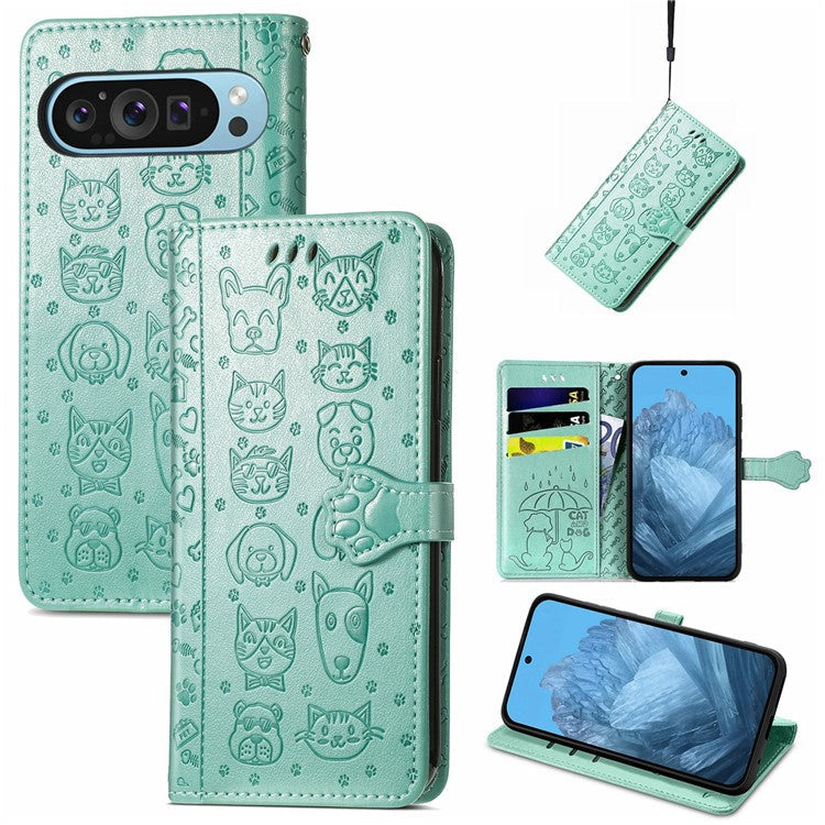For Google Pixel 9 Pro XL Case Leather Wallet Flip Phone Cover Cute Cat Dog Pattern - Green
