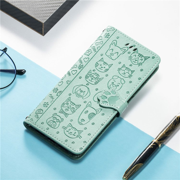 For Google Pixel 9 Pro XL Case Leather Wallet Flip Phone Cover Cute Cat Dog Pattern - Green