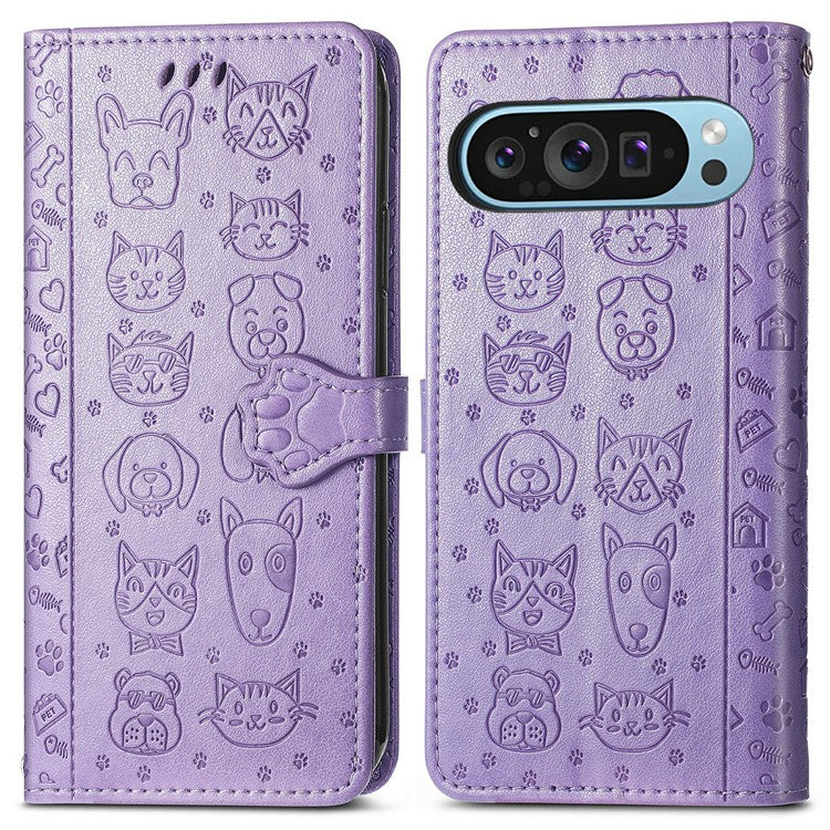 For Google Pixel 9 Pro XL Case Leather Wallet Flip Phone Cover Cute Cat Dog Pattern - Light Purple