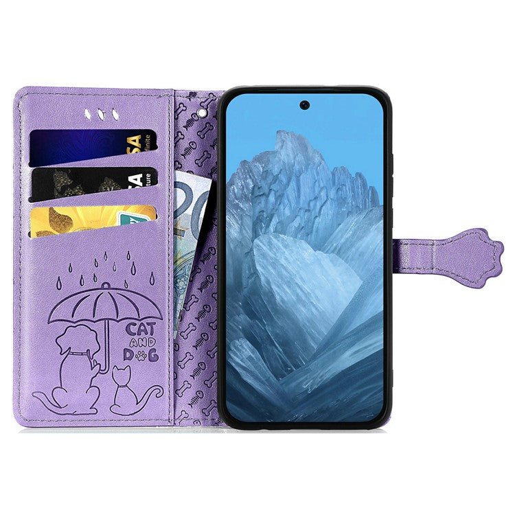 For Google Pixel 9 Pro XL Case Leather Wallet Flip Phone Cover Cute Cat Dog Pattern - Light Purple