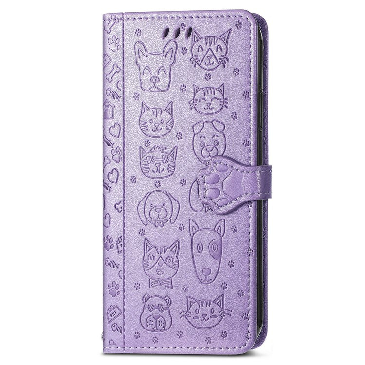For Google Pixel 9 Pro XL Case Leather Wallet Flip Phone Cover Cute Cat Dog Pattern - Light Purple
