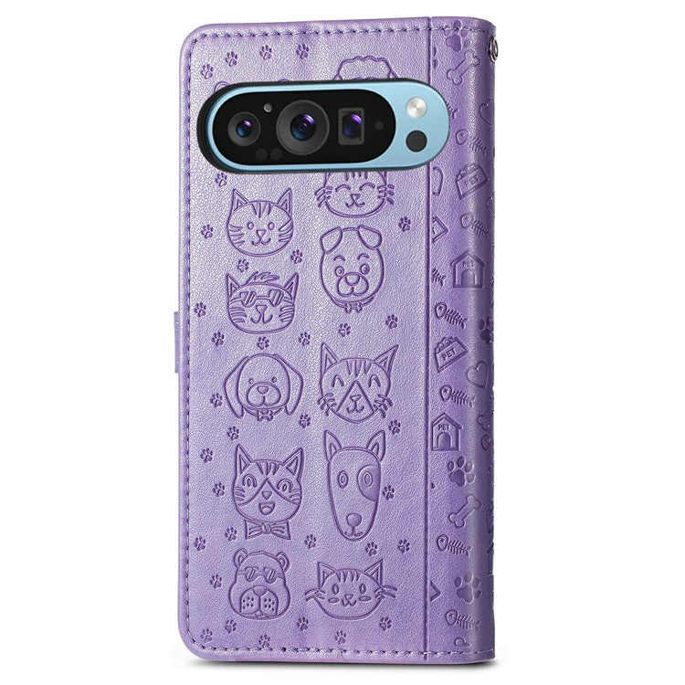 For Google Pixel 9 Pro XL Case Leather Wallet Flip Phone Cover Cute Cat Dog Pattern - Light Purple