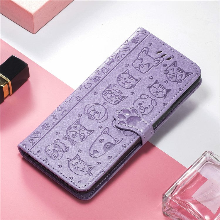 For Google Pixel 9 Pro XL Case Leather Wallet Flip Phone Cover Cute Cat Dog Pattern - Light Purple