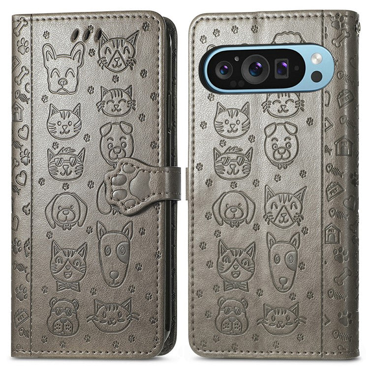 For Google Pixel 9 Pro XL Case Leather Wallet Flip Phone Cover Cute Cat Dog Pattern - Grey