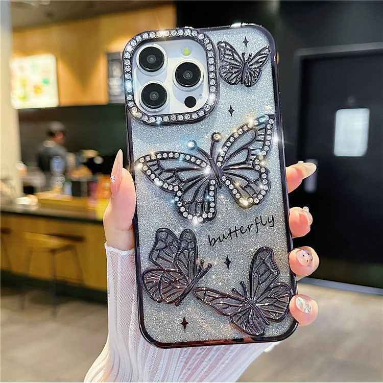 For iPhone 16 Pro Case Rhinestones Decor 3D Butterfly TPU Phone Cover with Glitter Paper - Black
