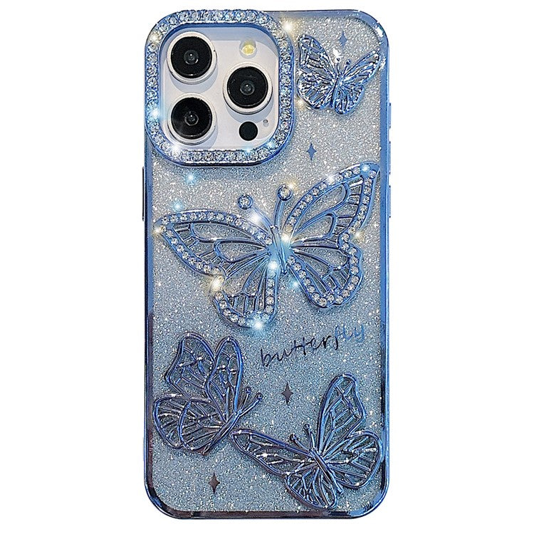 For iPhone 16 Pro Case Rhinestones Decor 3D Butterfly TPU Phone Cover with Glitter Paper - Black
