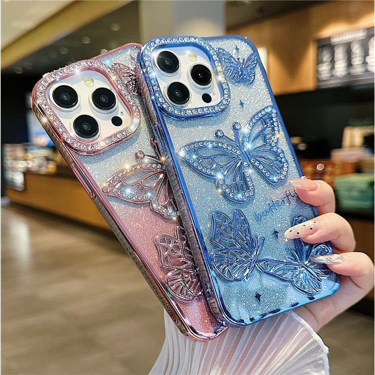 For iPhone 16 Pro Case Rhinestones Decor 3D Butterfly TPU Phone Cover with Glitter Paper - Black