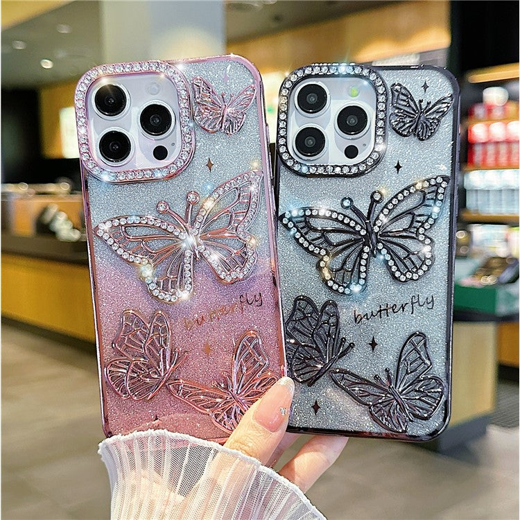 For iPhone 16 Pro Case Rhinestones Decor 3D Butterfly TPU Phone Cover with Glitter Paper - Black