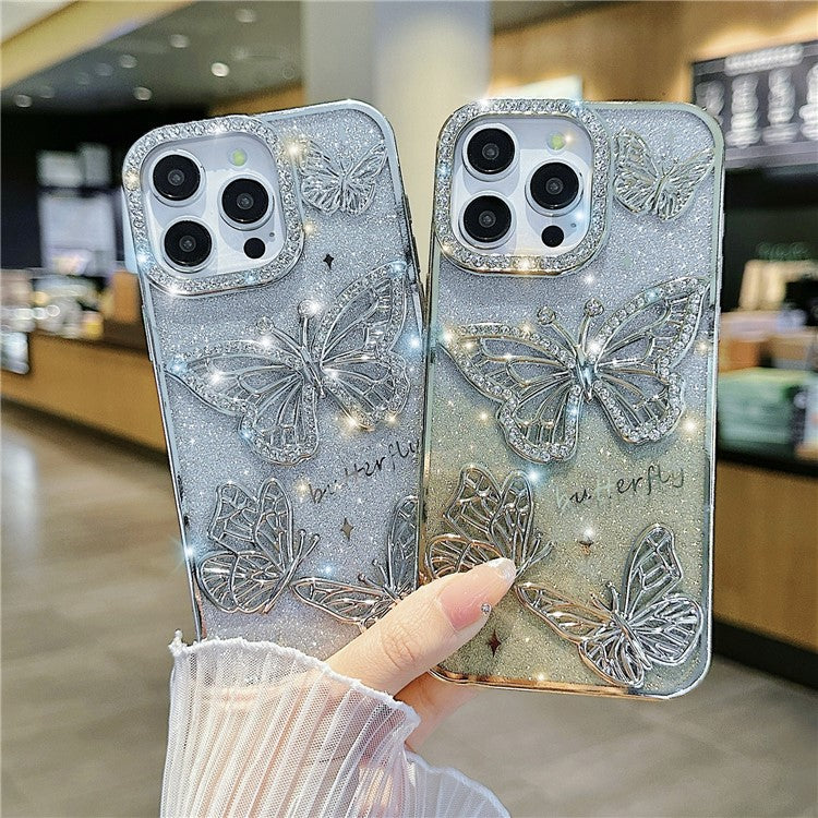 For iPhone 16 Pro Case Rhinestones Decor 3D Butterfly TPU Phone Cover with Glitter Paper - Black