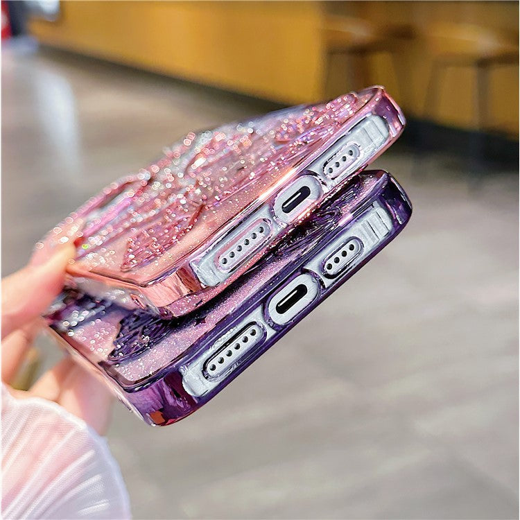 For iPhone 16 Pro Case Rhinestones Decor 3D Butterfly TPU Phone Cover with Glitter Paper - Purple