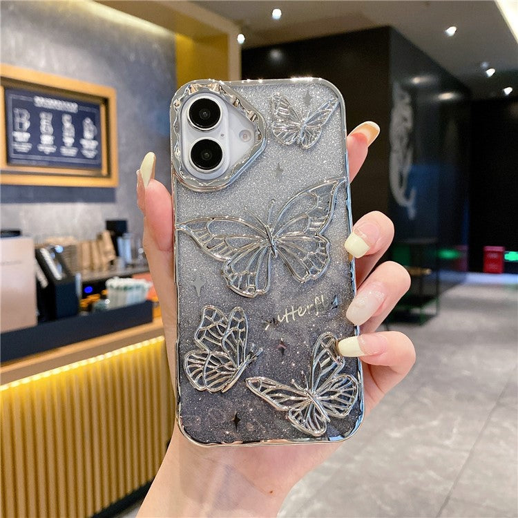 For iPhone 16 Plus Case 3D Butterfly TPU Phone Cover with Gradient Glitter Paper - Silver