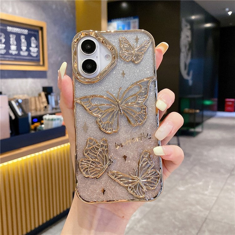 For iPhone 16 Case 3D Butterfly TPU Phone Cover with Gradient Glitter Paper - Gold