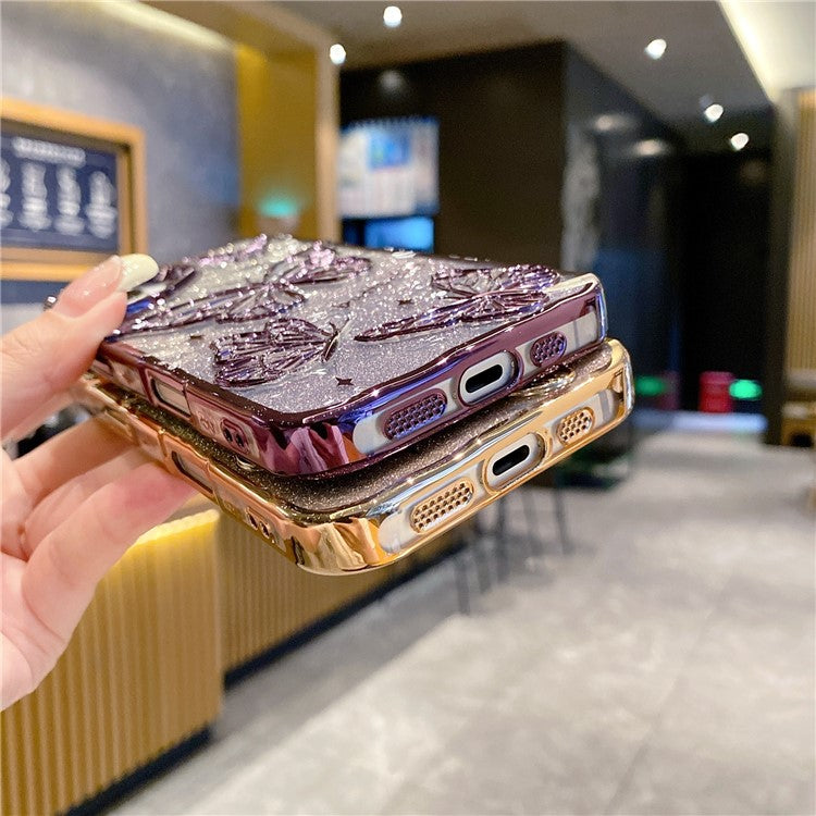 For iPhone 16 Case 3D Butterfly TPU Phone Cover with Gradient Glitter Paper - Gold