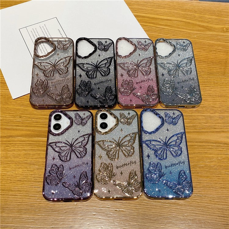 For iPhone 16 Case 3D Butterfly TPU Phone Cover with Gradient Glitter Paper - Gold