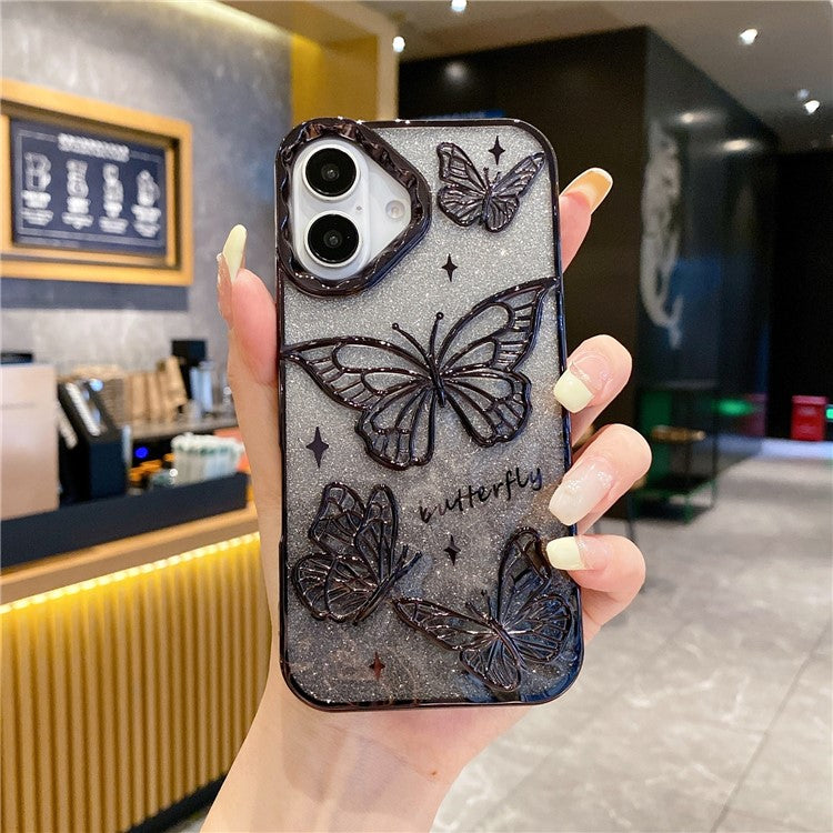 For iPhone 16 Case 3D Butterfly TPU Phone Cover with Gradient Glitter Paper - Black