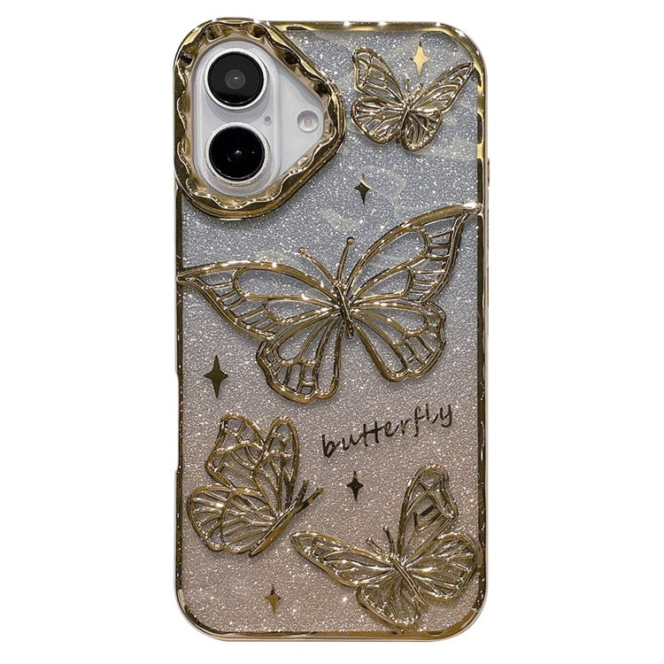 For iPhone 16 Case 3D Butterfly TPU Phone Cover with Gradient Glitter Paper - Black