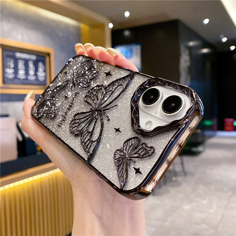 For iPhone 16 Case 3D Butterfly TPU Phone Cover with Gradient Glitter Paper - Black