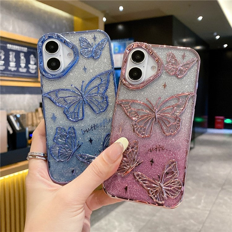 For iPhone 16 Case 3D Butterfly TPU Phone Cover with Gradient Glitter Paper - Black
