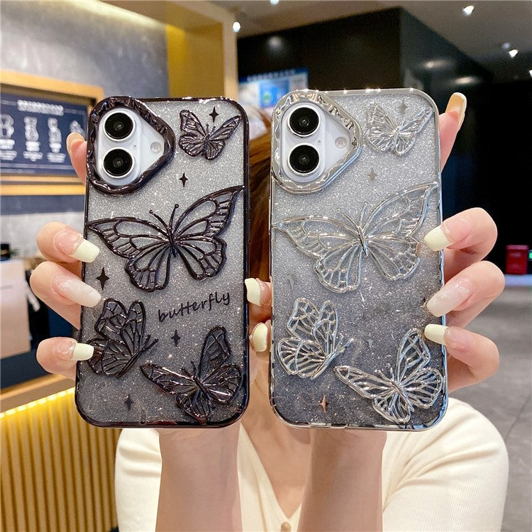 For iPhone 16 Case 3D Butterfly TPU Phone Cover with Gradient Glitter Paper - Black