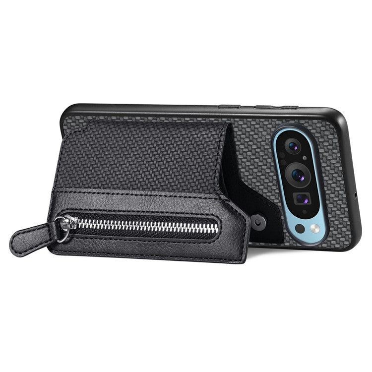 For Google Pixel 9 Pro XL Case Leather+PC+TPU Zipper Wallet Phone Shell Back Cover - Black