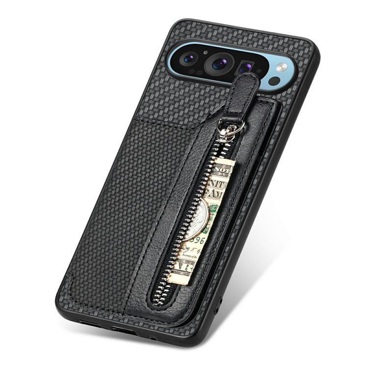 For Google Pixel 9 Pro XL Case Leather+PC+TPU Zipper Wallet Phone Shell Back Cover - Black
