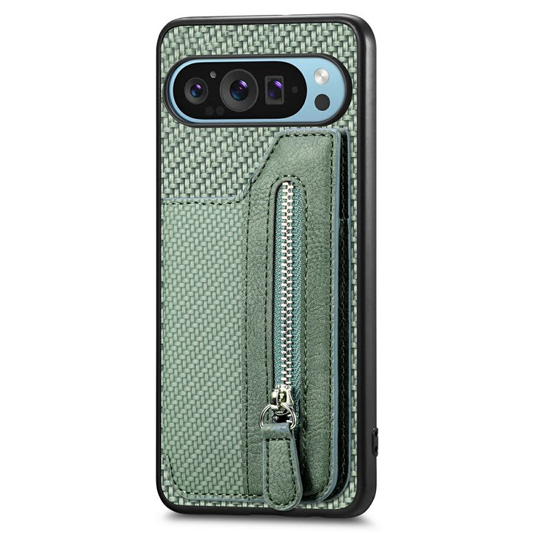 For Google Pixel 9 Pro XL Case Leather+PC+TPU Zipper Wallet Phone Shell Back Cover - Green