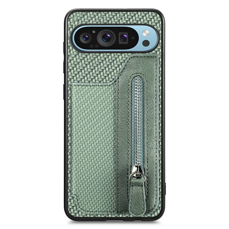 For Google Pixel 9 Pro XL Case Leather+PC+TPU Zipper Wallet Phone Shell Back Cover - Green