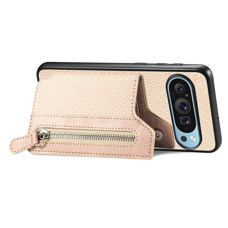 For Google Pixel 9 Pro XL Case Leather+PC+TPU Zipper Wallet Phone Shell Back Cover - Apricot