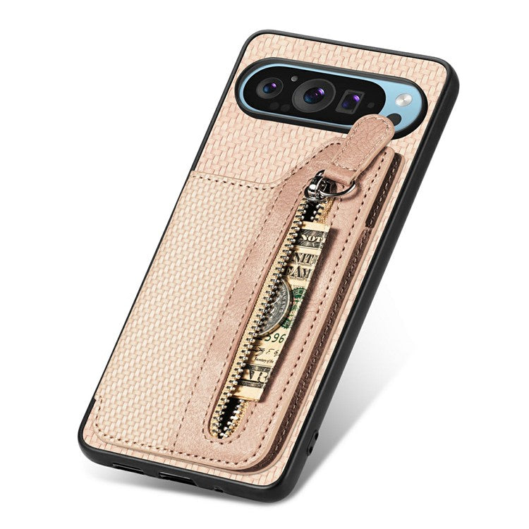 For Google Pixel 9 Pro XL Case Leather+PC+TPU Zipper Wallet Phone Shell Back Cover - Apricot