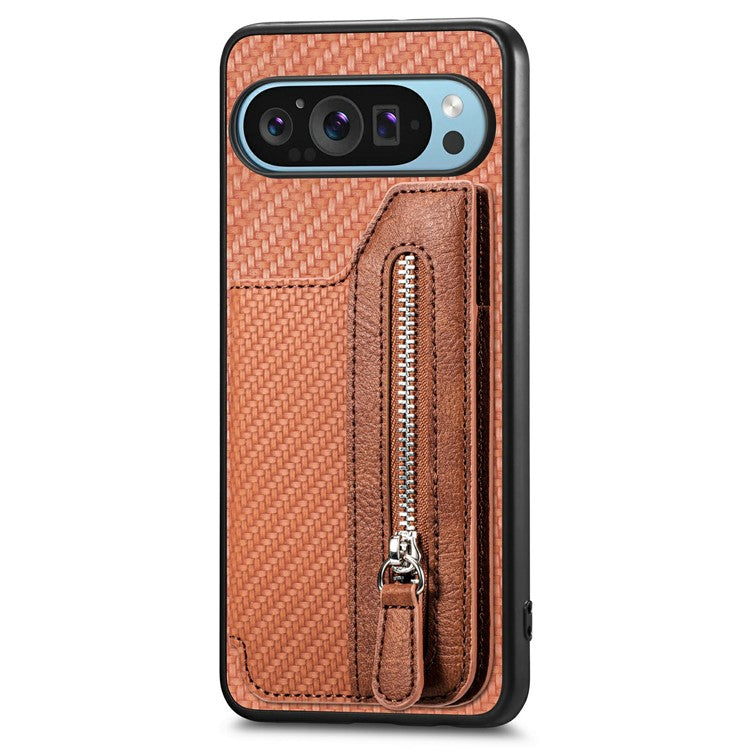For Google Pixel 9 Pro XL Case Leather+PC+TPU Zipper Wallet Phone Shell Back Cover - Brown