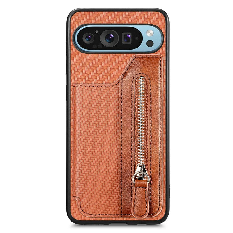For Google Pixel 9 Pro XL Case Leather+PC+TPU Zipper Wallet Phone Shell Back Cover - Brown