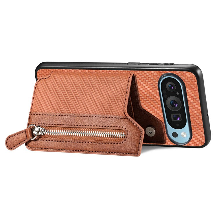 For Google Pixel 9 Pro XL Case Leather+PC+TPU Zipper Wallet Phone Shell Back Cover - Brown