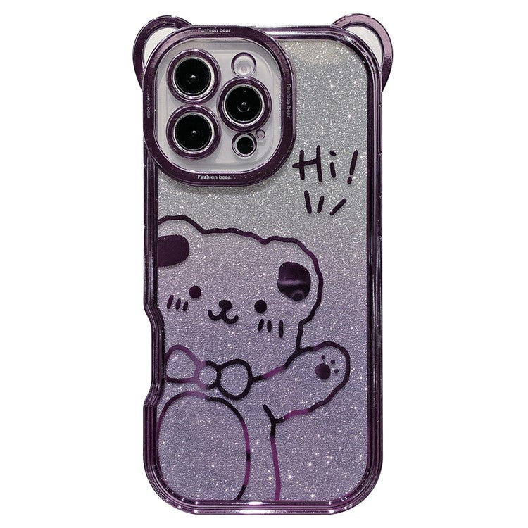 For iPhone 16 Pro Case Cute Bear Electroplating TPU Phone Cover with Gradient Glitter Paper - Blue